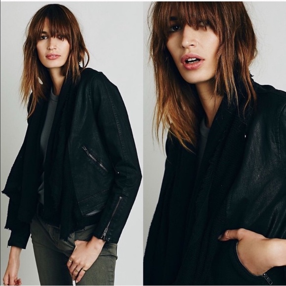 Free People Shawl Drape Front Denim Moto Jacket Black 12 Boho Grunge StreetStyle - Picture 3 of 16